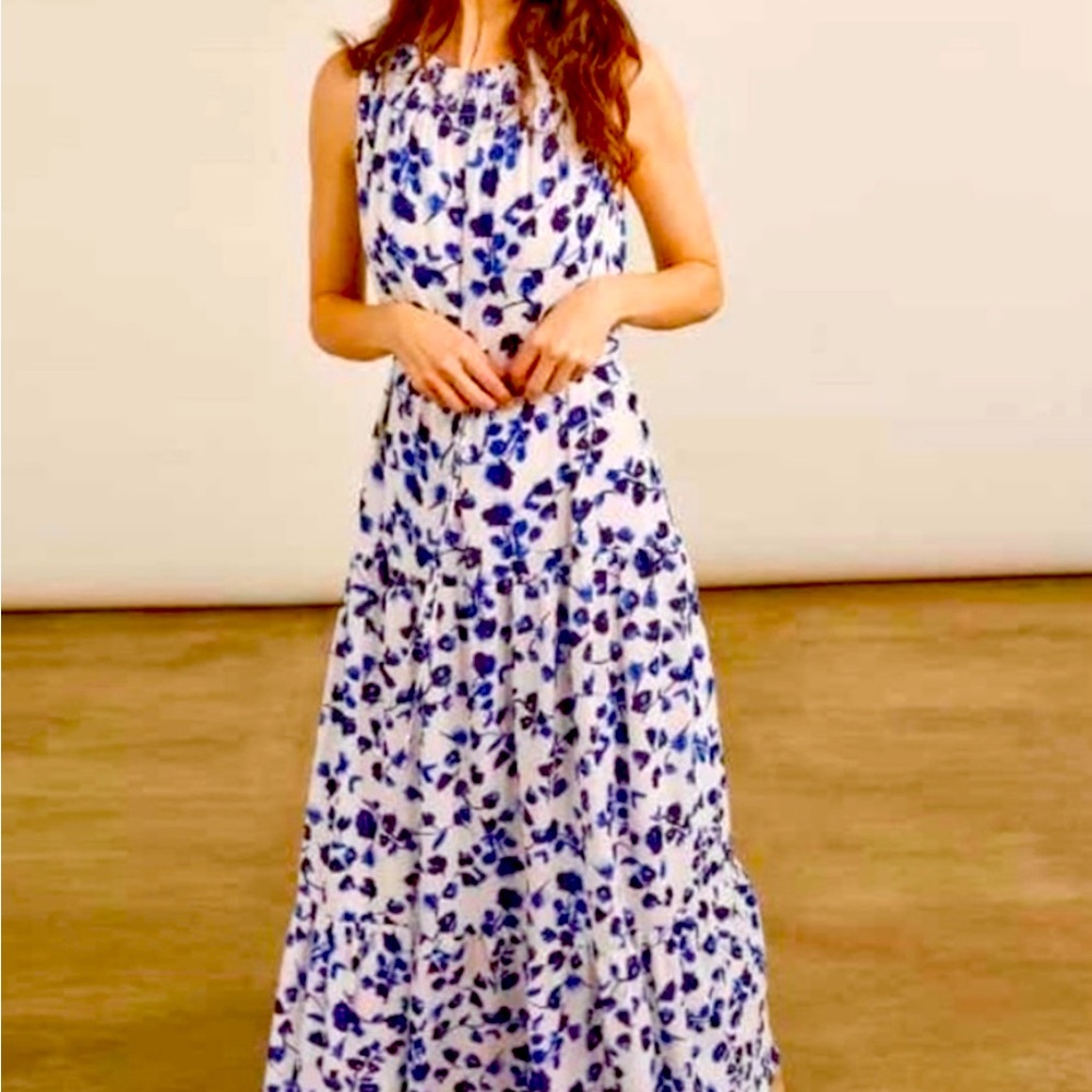 🌺 Elizabeth and James Blue Floral Smocked Neck Tiered Maxi Dress Womens XXL